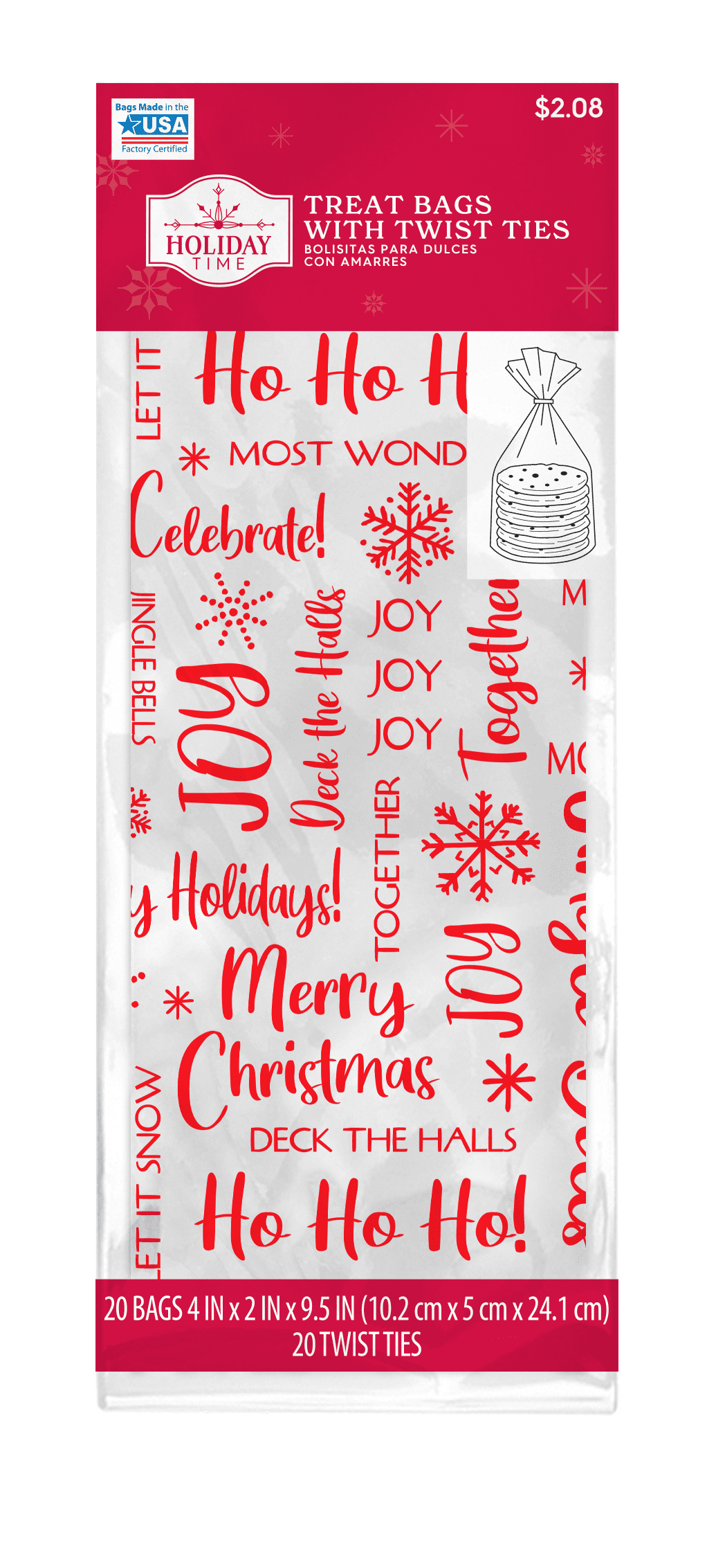 Way to Celebrate 20ct Cello Christmas Treat Bags 4"x9.5" with 20 Red Twist Ties- Christmas Greetings