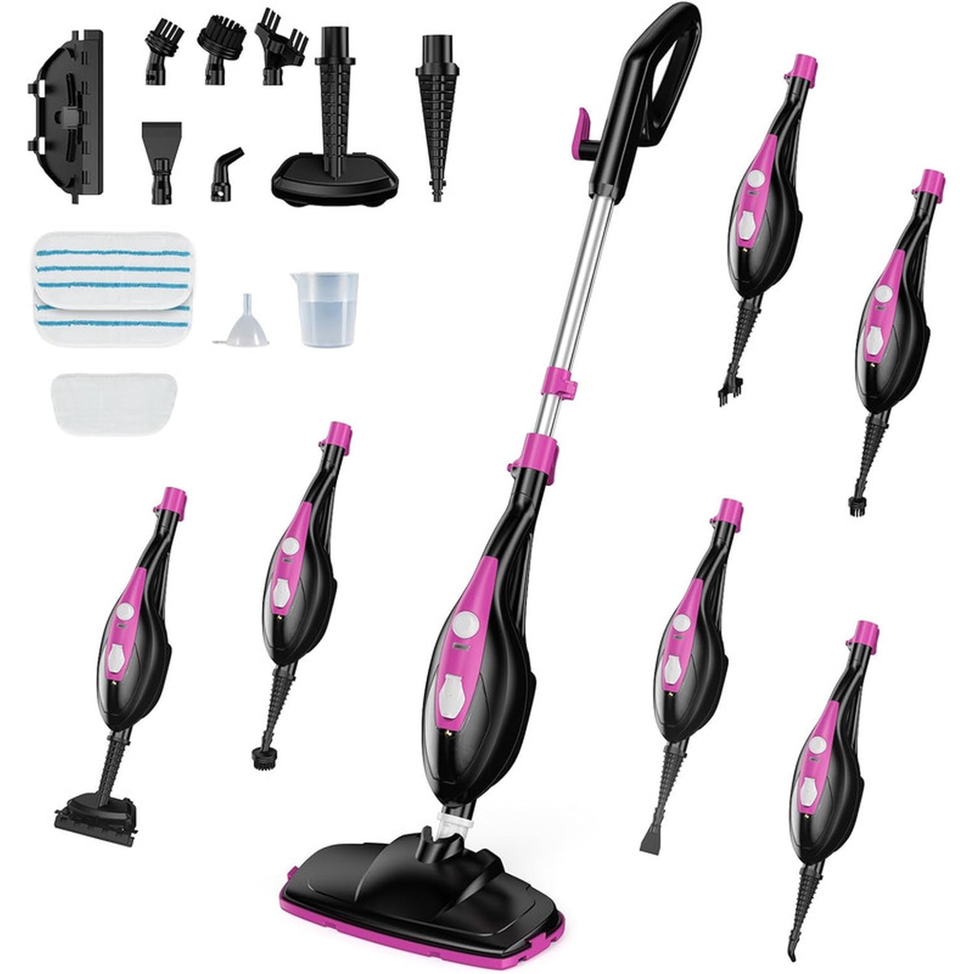 Simenmax 10-in-1 Steam Mop, 1550W Detachable Handheld Steam Cleaner with 14 Accessories for Hardwood, Tile, Carpet, Grout, and Windows, Black Pink