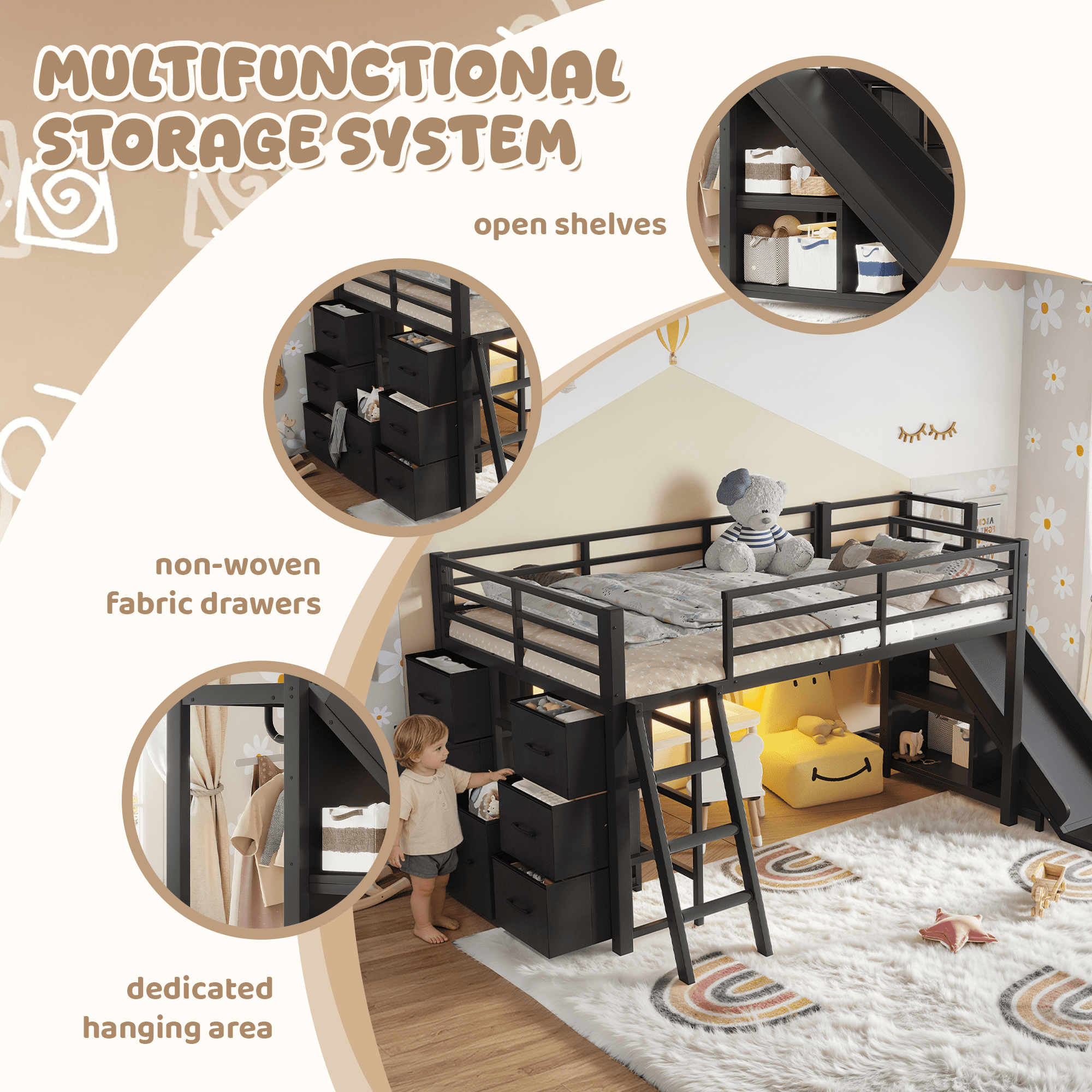 Leumius Twin Size Metal Loft Bed with Slide & Ladder, Metal Loft Bed with Storage Drawers and Hanging Area, LED Lights,Black