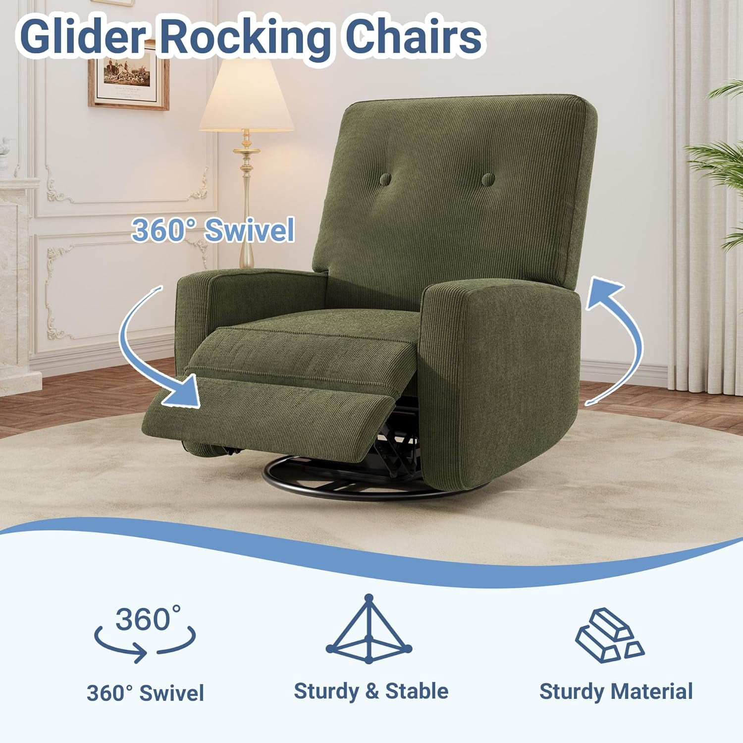 Nursery Recliner Chair, 360° Swivel Rocking Glider Chair for Adults with Adjustable Backrest & Footrest, Cozy Corduroy Upholstered Armchair for Living Rooms, Bedrooms, Apartments, Green