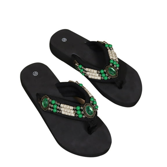 Xfvqtps New Ladys Flip-Flop Large Size Bead String Ethnic Style Platform Wedge Split Toes Thick Bottom Arch Support Comfortable Non-Slip Fashion Beach Slippers Green
