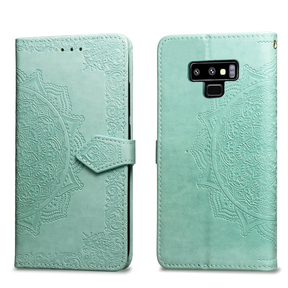 Galaxy Note 9 Wallet Cases and Covers, Allytech Slim Premium PU Flip Stand Cover Mandala Embossed Full Body Protection with Card Holder Magnetic Closure for Samsung Galaxy Note 9 Phone, Green