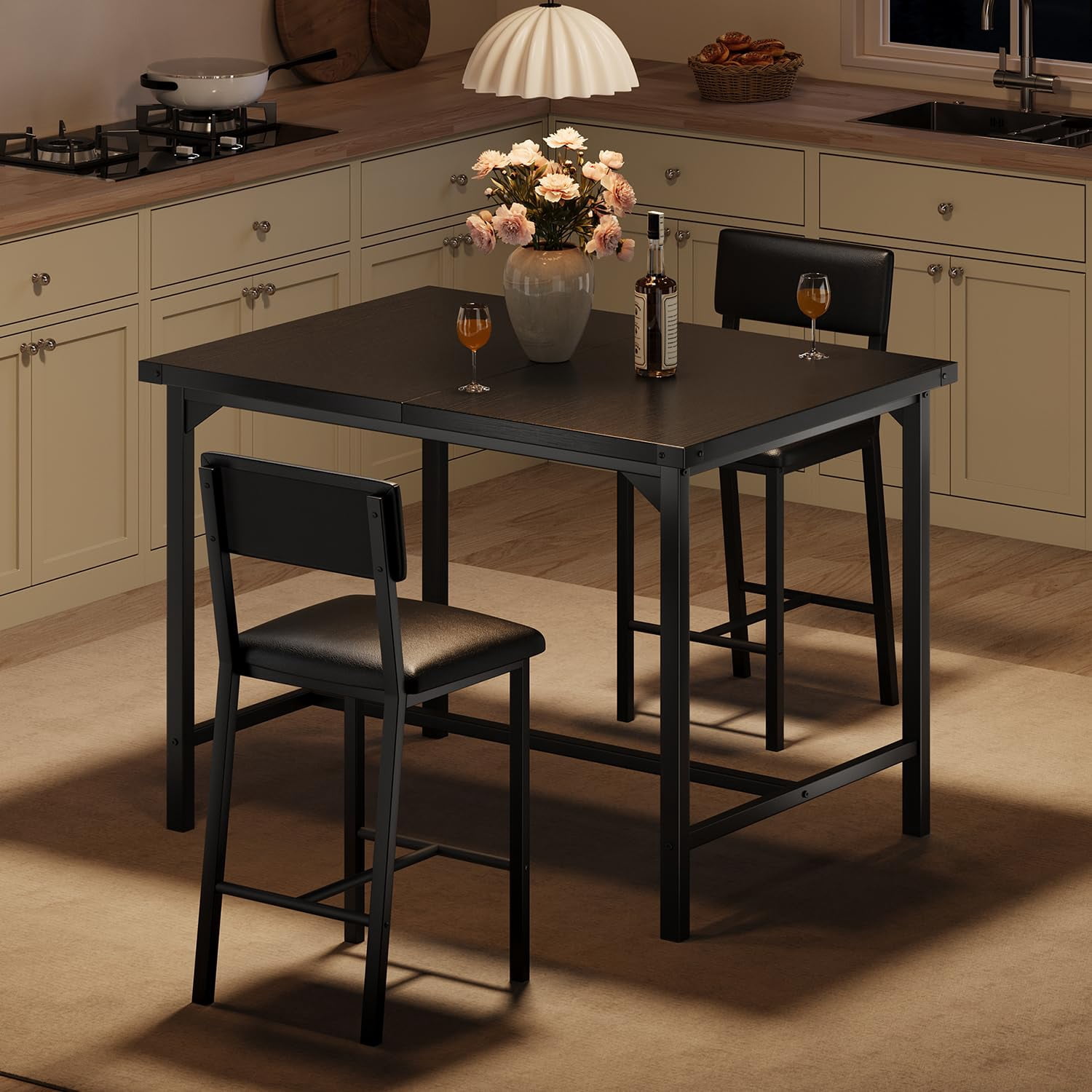 Huisuilinss Dining Table Set For 2,3-Piece Kitchen Table Set,Counter Height Kitchen Table With 2 Upholstered Chairs,Wood Dining Table Set With Footrest & Corner Protector For Apartment Pub