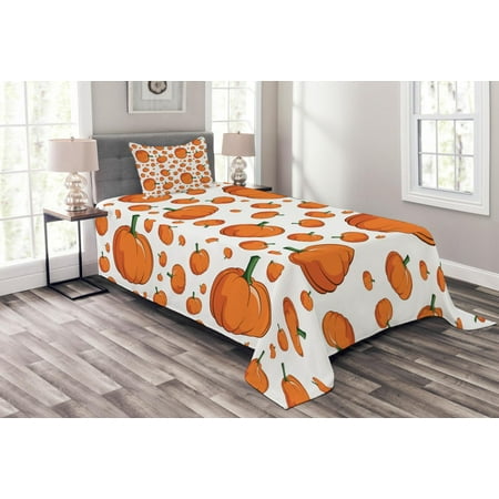 Harvest Bedspread Set, Halloween Inspired Pattern Vivid Cartoon Style Plump Pumpkins Vegetable, Decorative Quilted Coverlet Set with Pillow Shams Included, Orange Green White, by Ambesonne