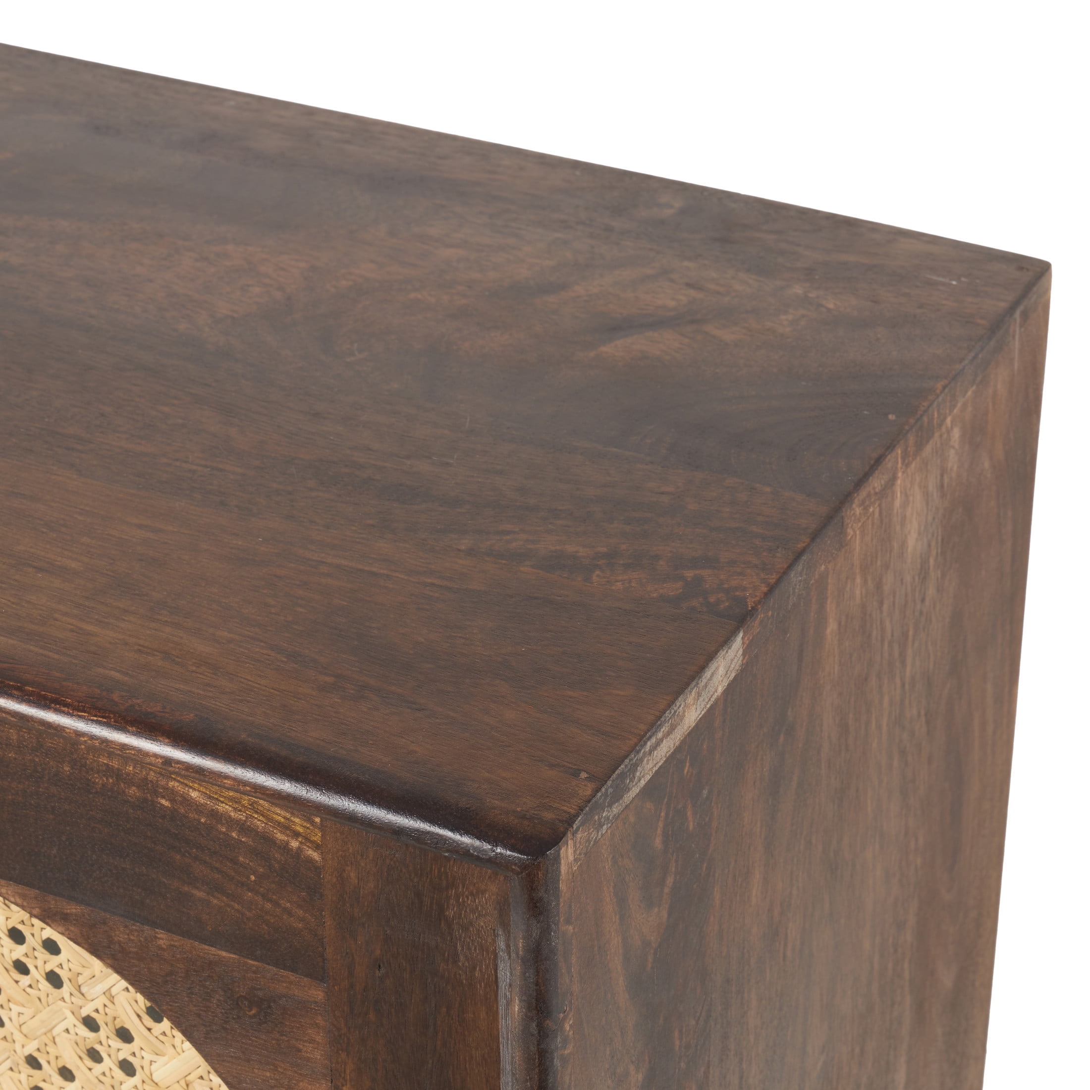 DecMode 35" x 30" Brown Mango Wood Handmade 2 Door Cabinet with Rattan Front and Black Knobs, 1-Piece