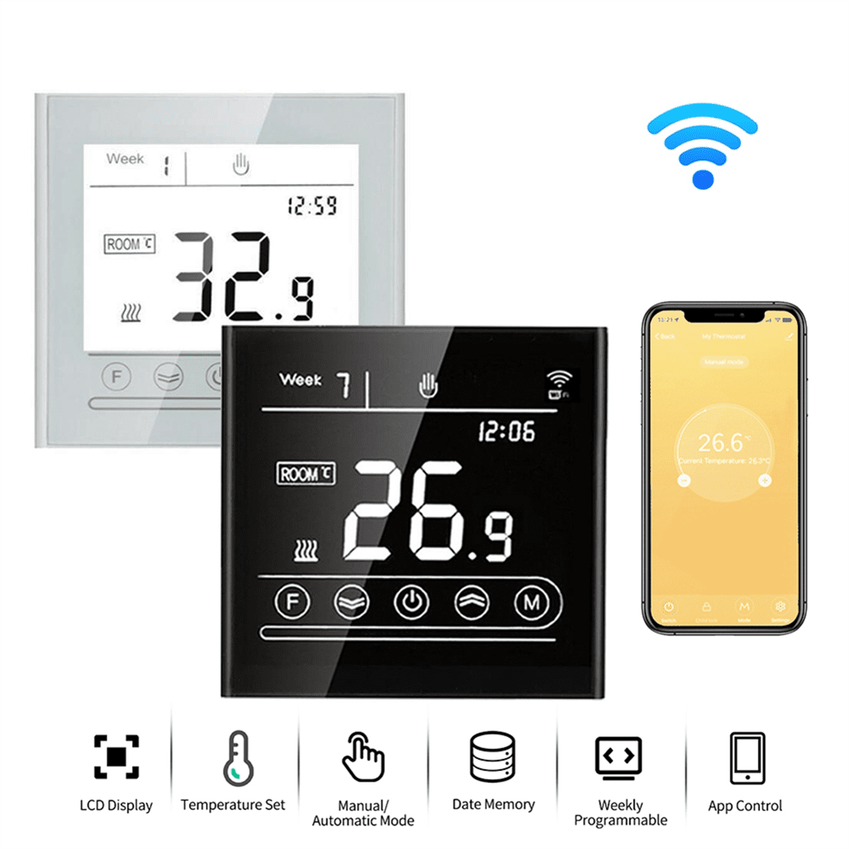 Tuya Smart Intelligent WiFi Thermostat Room Electric/Water/Gas Boiler Floor Heating Temperature Controller 16A Black