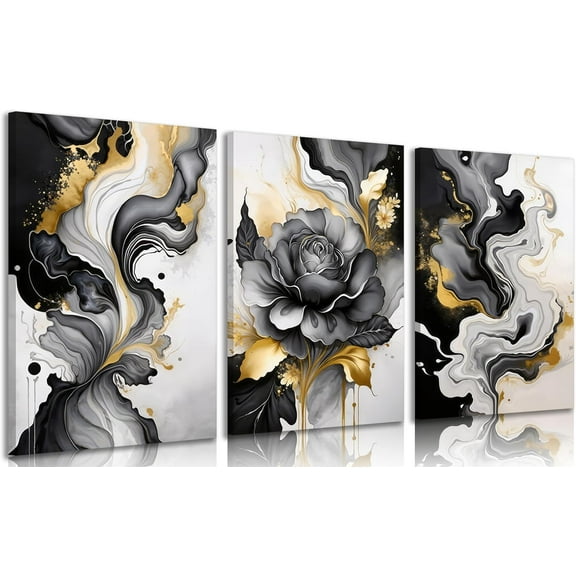 Black And Gold Abstract Canvas Wall Art Modern Black Grey And Gold Marble Wall Decor Pictures Minimalist Foil Fluid Texture Posters Prints for Living Room Bedroom(canvas only)