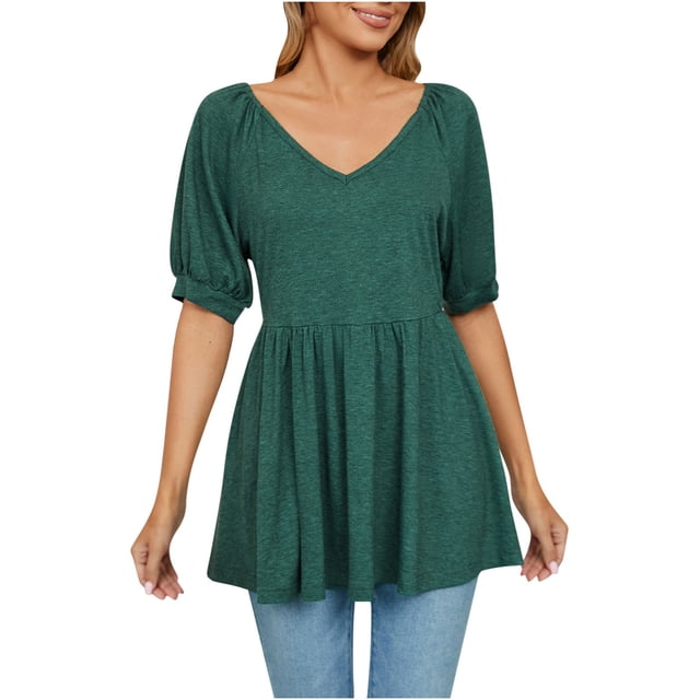 Birdeem Womens V- Neck Solid Color Short Sleeve Lapel Tops