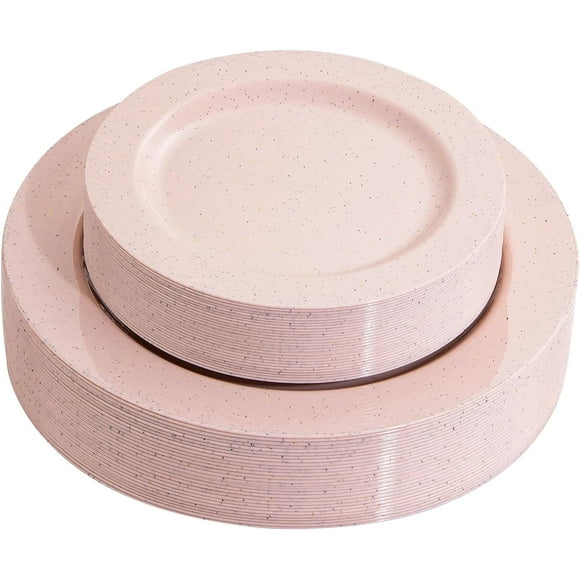 DaYammi 60 PCS Easter Pink Plates, Disposable Plastic With Glitter, Granite Heavy Duty Include 30 Dinner Plates 10.25'', 30 Dessert Plates 7.5'' for Easter Party