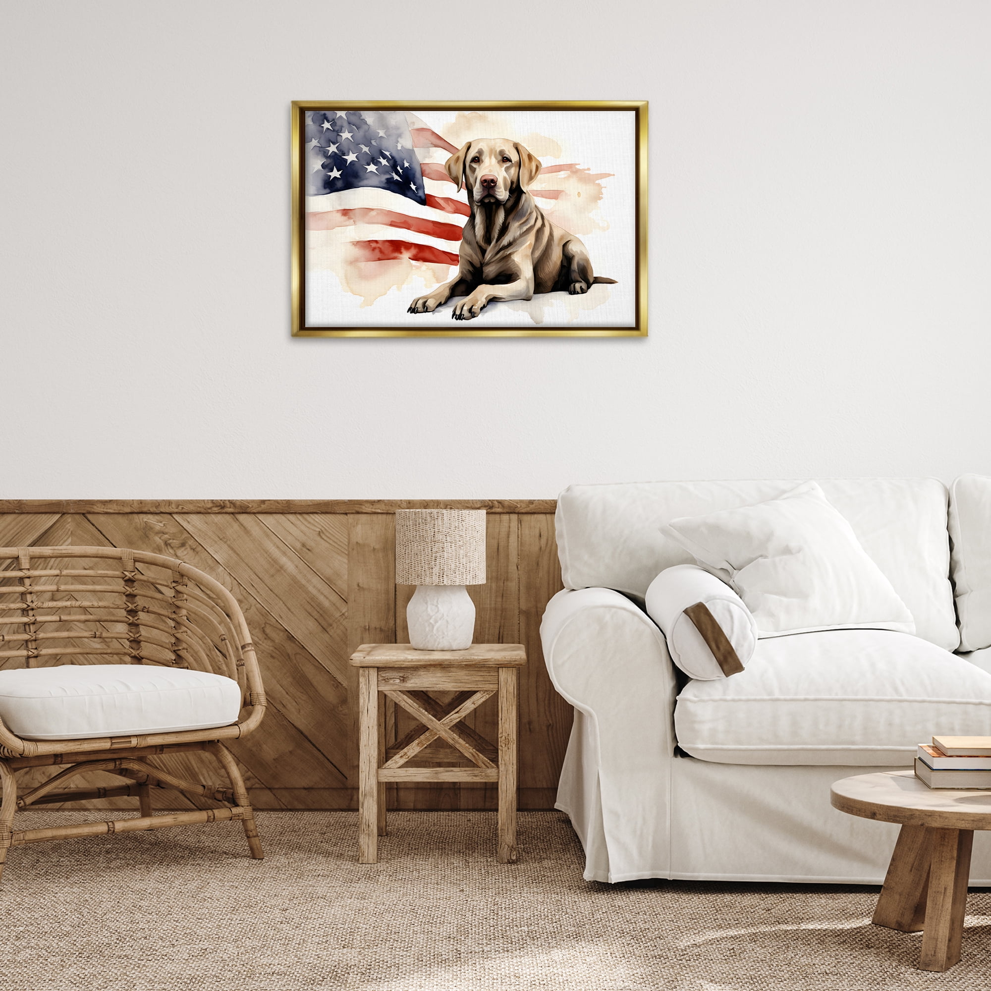 Stupell Industries Patriotic Dog with Flag Animals & Insects Painting Gold Floater Framed Canvas Art Print Wall Art, 31 x 21
