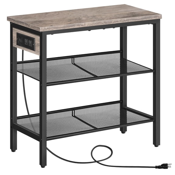 3-Tier End Table with Charging Station, Greige Black, Industrial Style