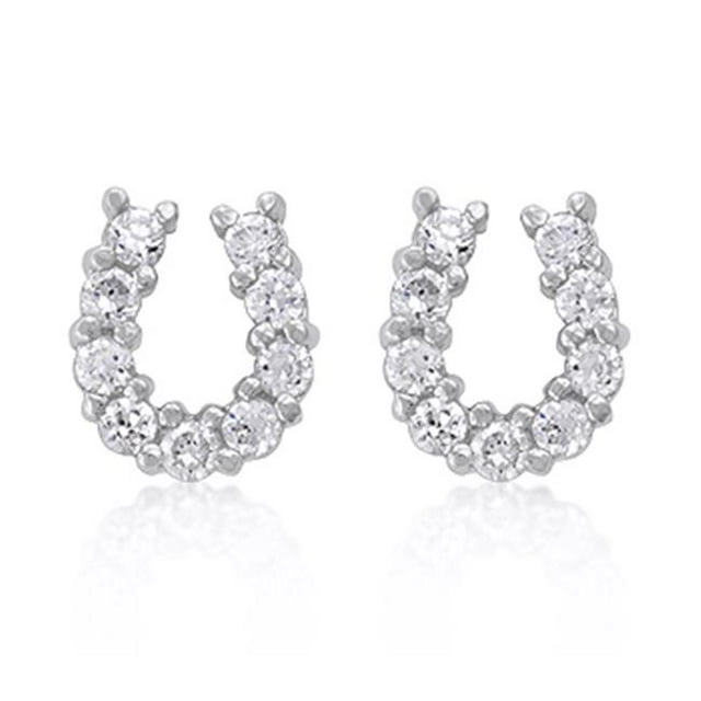 Boucles d'Oreilles en Forme de Fer à Cheval Plaqué Rhodium avec Ensemble de Broches Rondes en Zircon Cubique Transparent Argenté