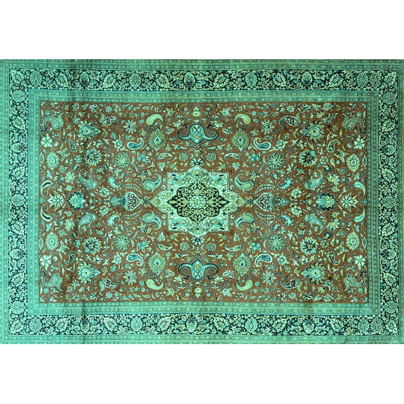 Ahgly Company Machine Washable Indoor Rectangle Medallion Turquoise Blue Traditional Area Rugs, 7' x 9'
