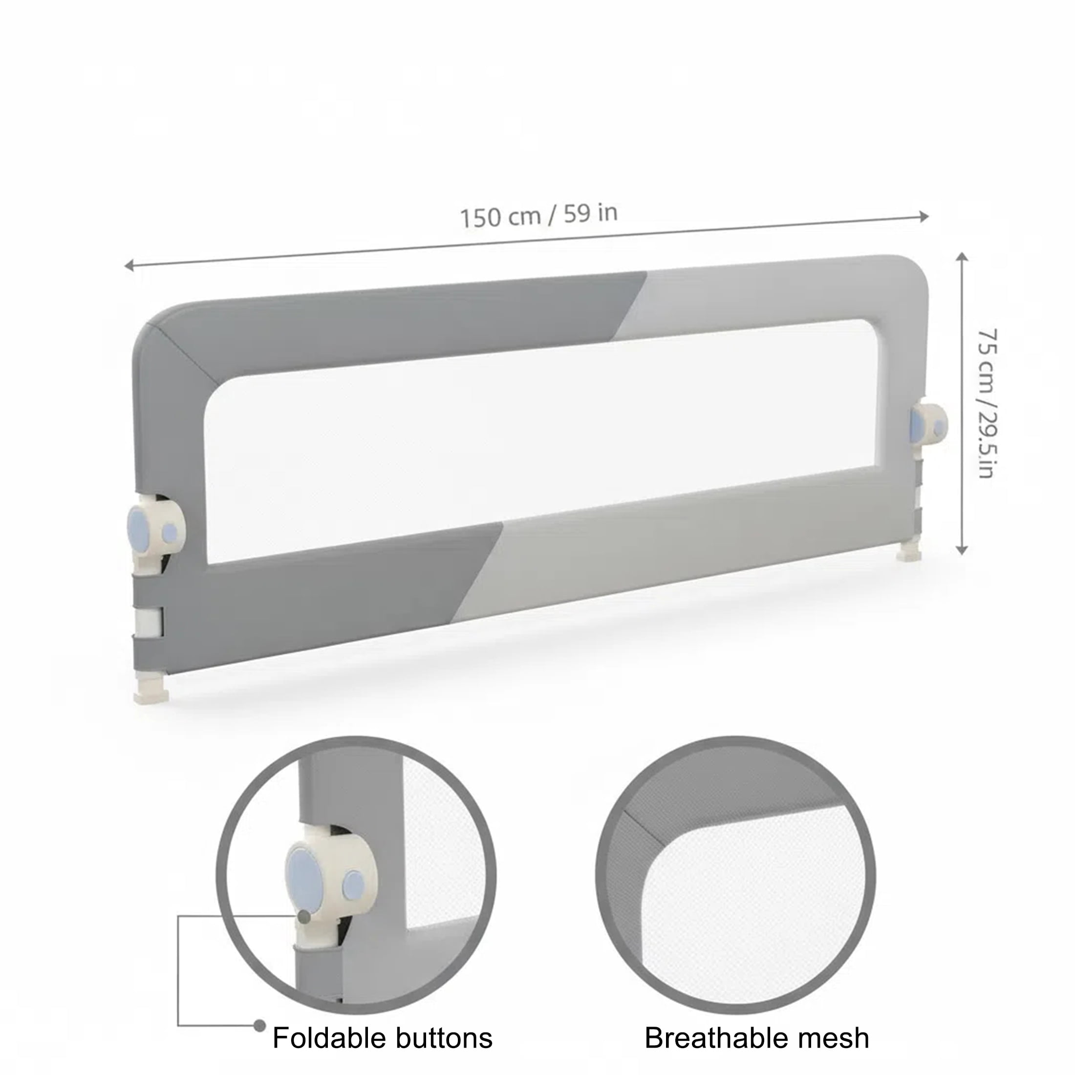 Oioane 59in Bed Rail for Toddlers, Foldable Baby Safety Bed Rail Guard with Height Adjustable for Full, Queen, King Bunk Size Bed, Gray