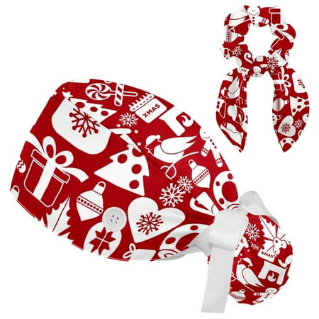 

Working Cap with Buttons and Sweatband Scrub Hat Bouffant Caps with Scrunchie Christmas Tie Back Hats