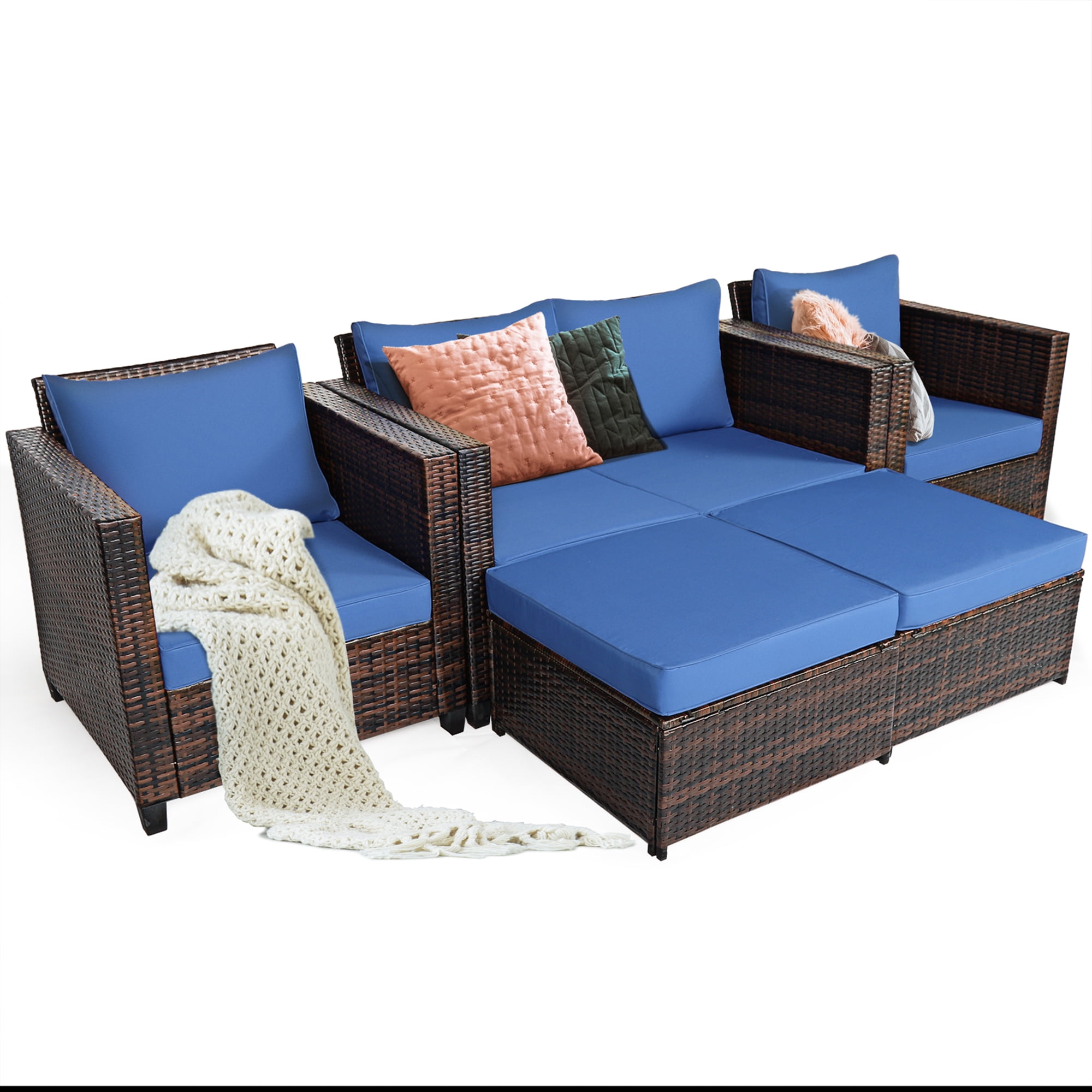 Gymax 5PCS Outdoor Patio Rattan Conversation Sofa Furniture Set w/ Navy Cushions