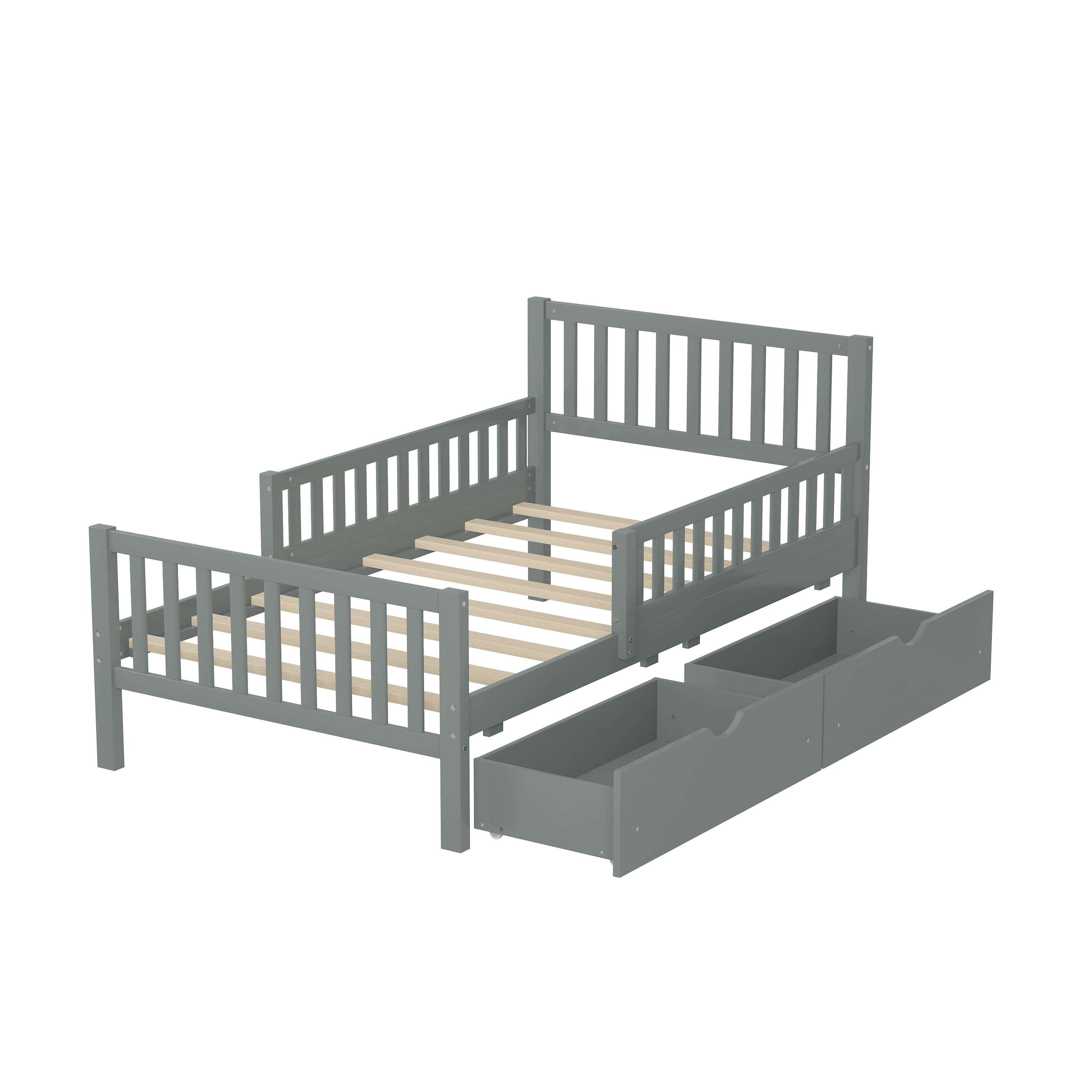 Bellemave Twin Bed with Storage Drawers and Fence Rails, Wood Platform Beds Frame with Headboard, Twin Size Storage Bed for Kids Boys Girls Teens（Gray)