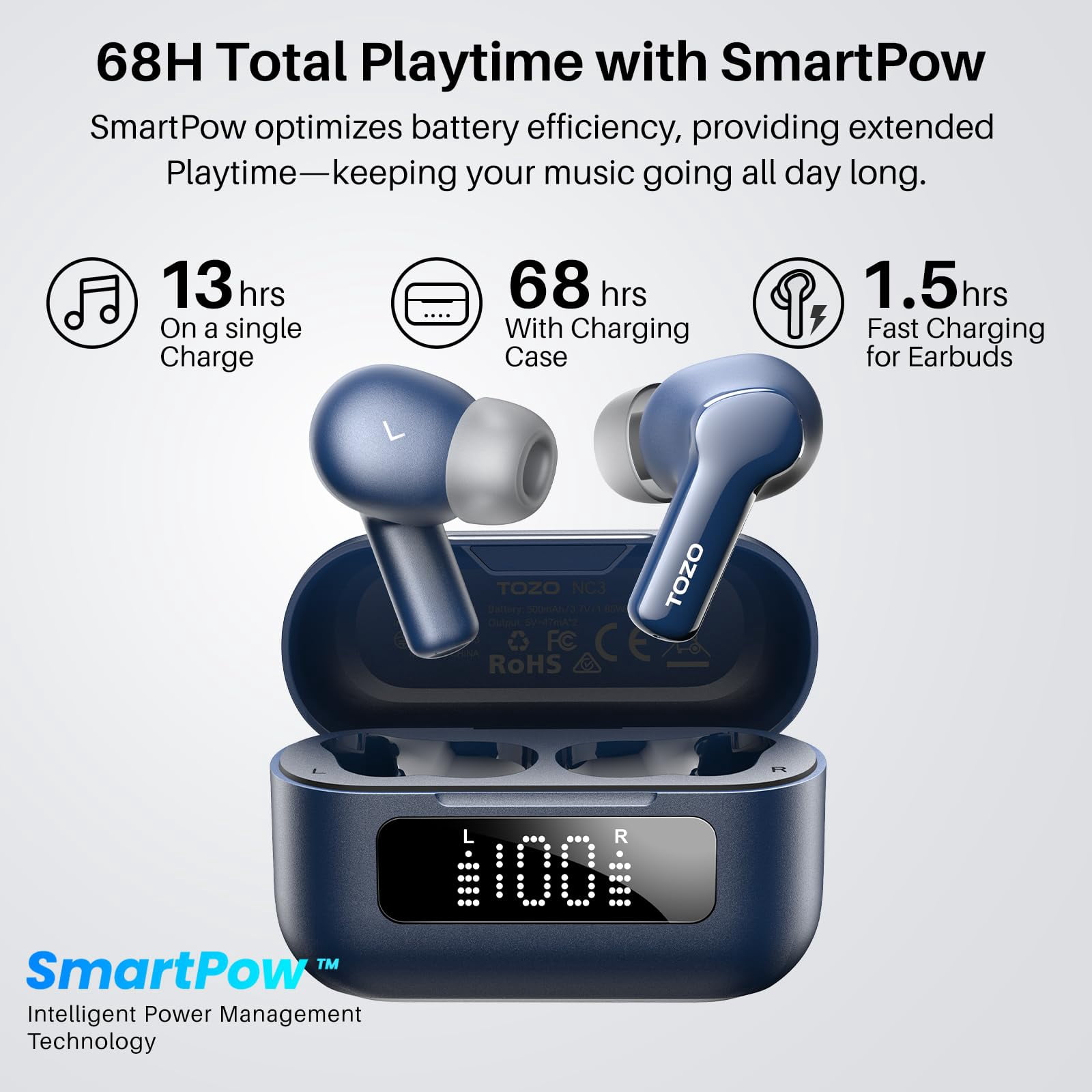TOZO AI Translation Noise Cancelling Earbuds Wireless, Bluetooth Headphones, 68H Play, 6-Mic ENC Clear Calls, Stereo Bass with APP-32EQ, LED Power Display, IPX8 Waterproof, Fast Pairing & Low Latency
