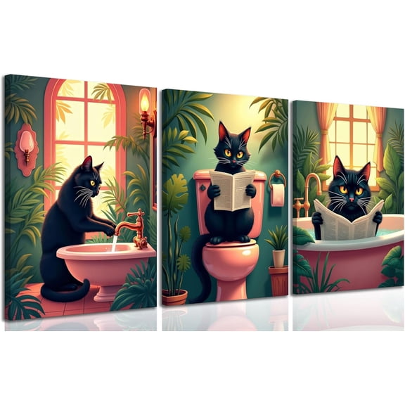 Funny Black Cat Bathroom Canvas Wall Art Black Cat Reading Newspaper On The Toilet Wall Decor Pictures Painting Green Botanical Plant Animal Bathroom Posters Prints