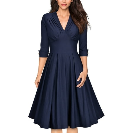 MIUSOL Women's Vintage Retro 1950s Cocktail Party 3/4 Sleeve V-Neck A-line Pleated Dress(Navy Blue,Size S)