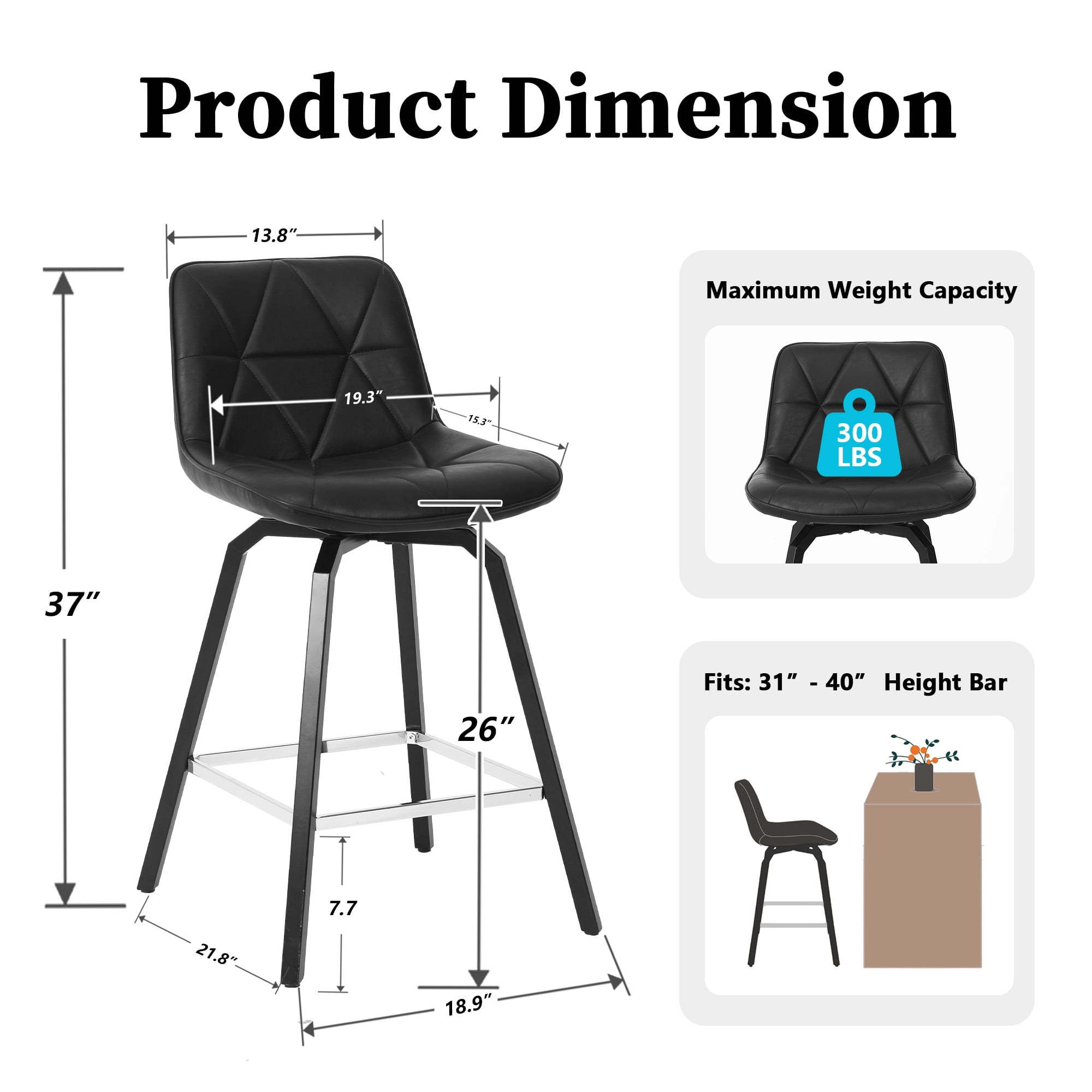 ClinQ 26 inch Swivel Counter Height Bar Stool Set of 3, Faux Leather Seat with Metal Legs and Back, Black-Silver Footrest