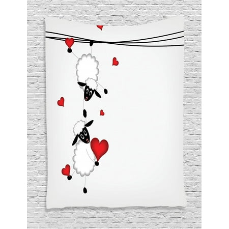 Sheep Tapestry - Animal Tapestry, Sheep Couple with Heart Shapes in Love Hanging On Washing Fun Comic Cartoon Art, Wall Hanging for Bedroom Living Room Dorm Decor, Red White Black, by Ambesonne
