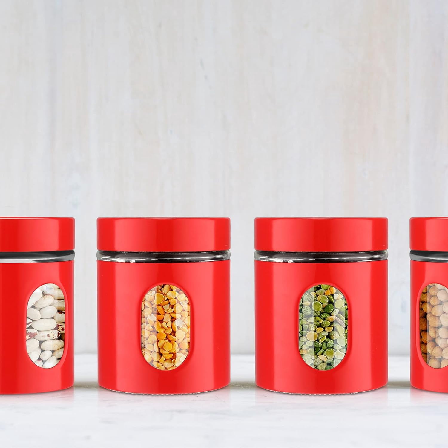 6 Pack Kitchen Canisters Set 20 oz Airtight Stainless Steel Canister Food Storage Container with Window Glass, Coffee Sugar Candy Jars Tea Organizer for Flour Cookies Spices Grains Kitchen(Red)