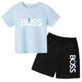thumbnail image 5 of Conjunto de 2 piezas de camiseta de manga corta y pantalones cortos con estampado de letras de marca de verano, traje deportivo informal para niños y niñas, conjunto de moda para niños, 5 of 5
