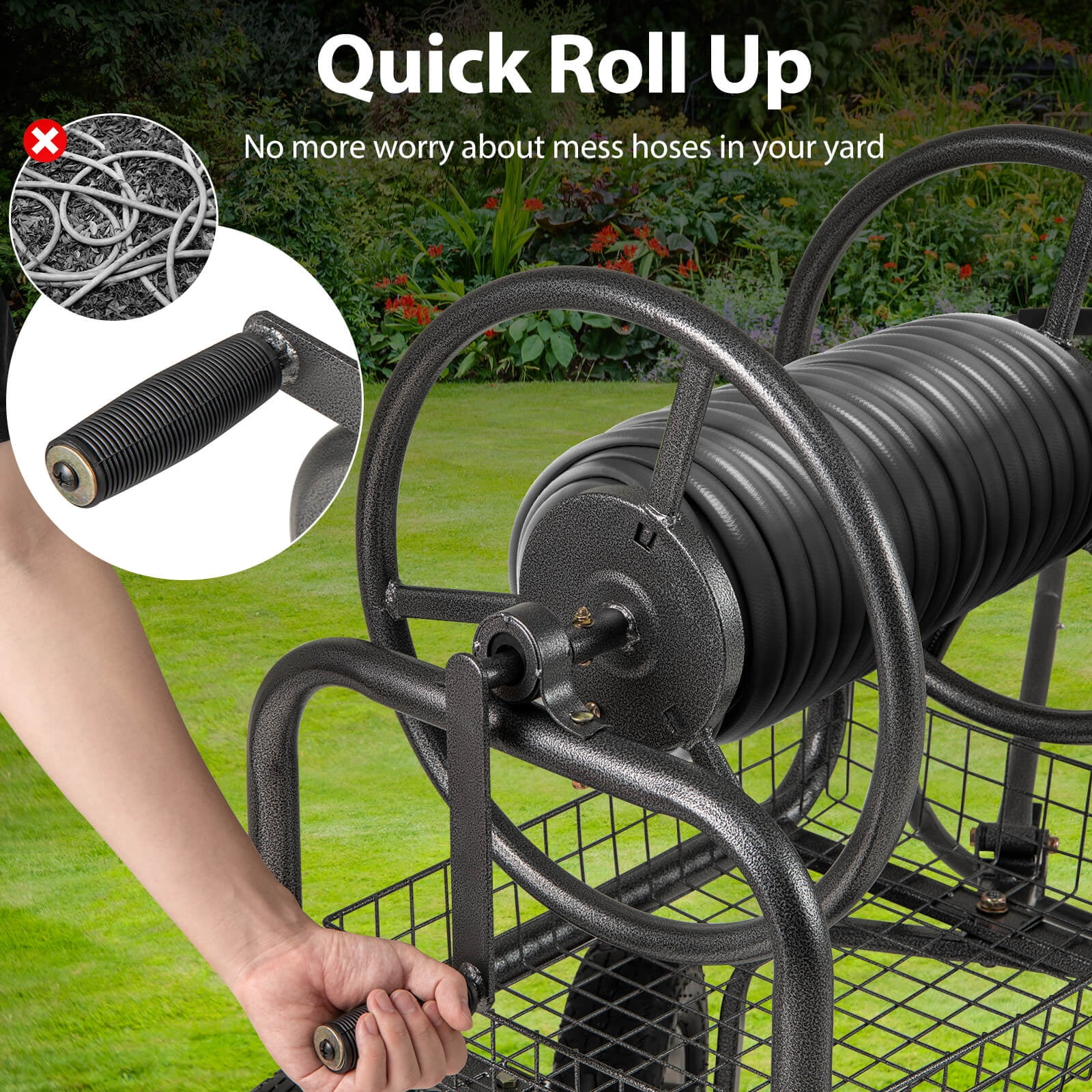 Costway Portable Hose Reel Cart with 300 ft of 5/8” Large Capacity Storage Basket for Lawn
