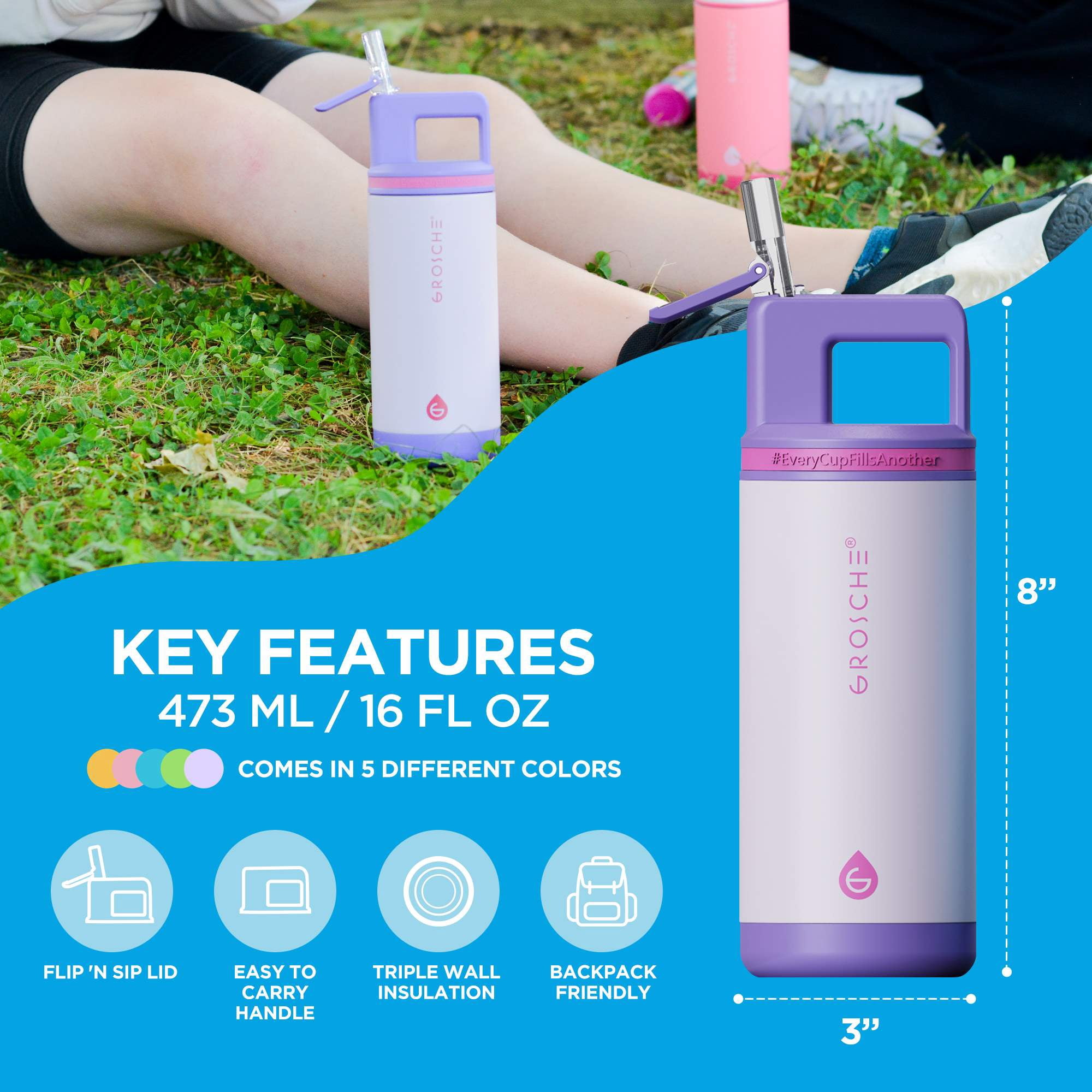 ALPINE Flip 'N Sip Kids Insulated Water Bottle With Straw - 16oz Kids Water Bottle - Cosmic Purple