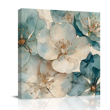 Canvas Wall Art White Blue Floral Canvas Art Print Retro Watercolor Country Floral Petals Pictures Wall Decor for Living Room Bedroom Artwork Decorations Stretched Framed Ready to Hang 8"x8"
