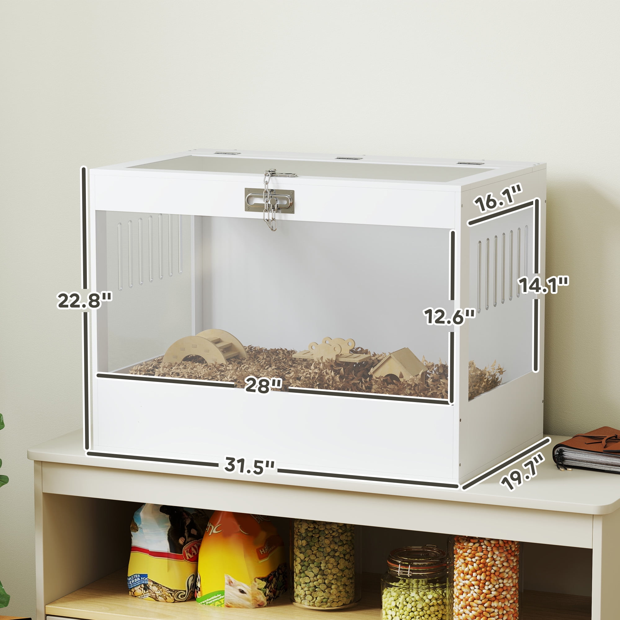 PawHut Hamster Cage with Openable Top, Hut, Seesaw, Ladder, Transparent Acrylic Panel Small Animal Habitat for Dwarf Hamster Gerbil, White