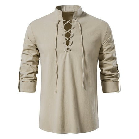 

Men s Linen Shirt Medieval Retro Lace-up V-Neck Gothic Long Sleeve T-Shirts Hippie Casual Summer Ethnic Beach Yoga Top
