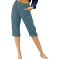 thumbnail image 2 of Women's Capris Casual Trendy Solid Color Versatile High Waist Cropped Pant Stretch Comfort Button Capri Pants with Pockets, 2 of 4