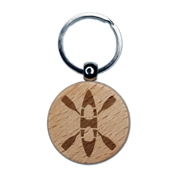 Double Kayak with Crossed Paddles Round Keychain Charm Tag - Engraved Wood