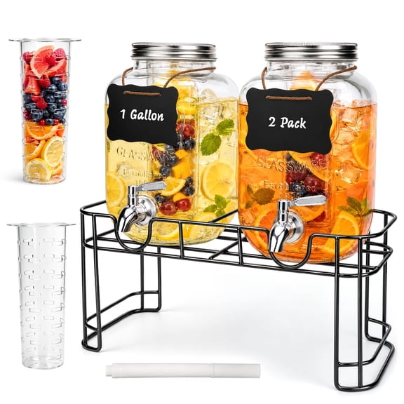 2 Pack Glass Beverage Dispenser, 1 Gallon Drink Dispenser with Stand, Stainless Steel Spigot & Fruit Infuser, Drink Dispensers with Ice Cylinder for Parties, Lemonade Sun Tea