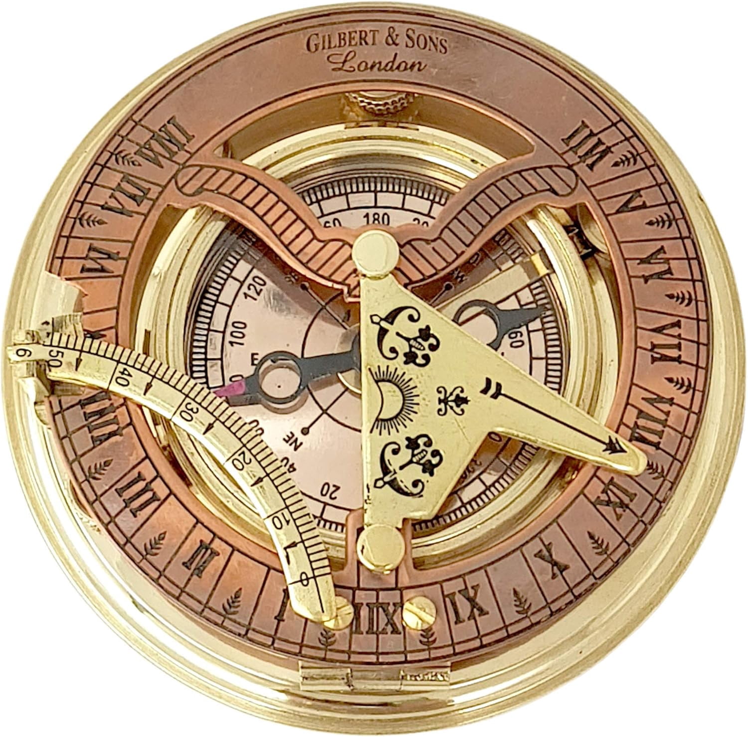 Brass Nautical - Antique Brass & Copper Sundial Compass, Sundial Clock in Box Gift Sun Clock Ship Replica
