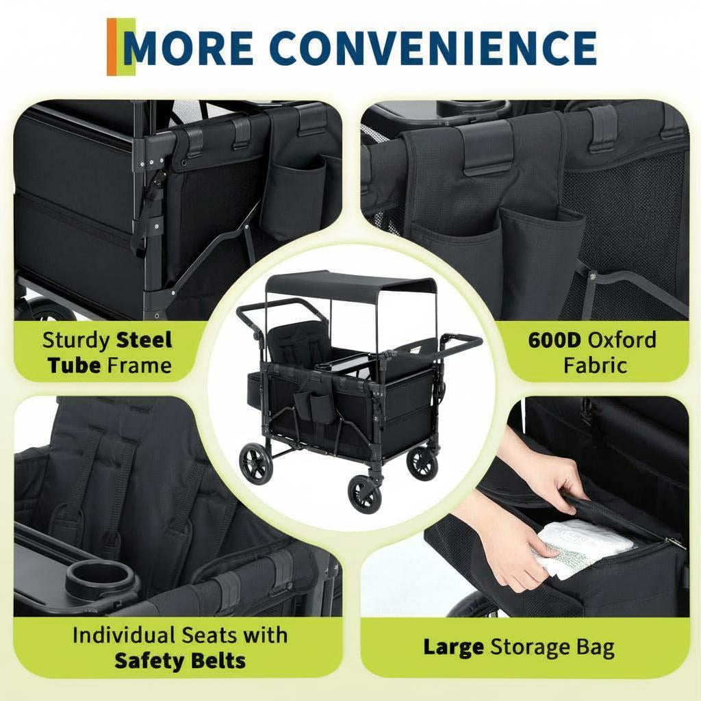 Memoryfield 4-Seater Stroller Wagon for Kids with Safety Harness, Removable Canopy, Snack Tray & Swivel Wheels, Black