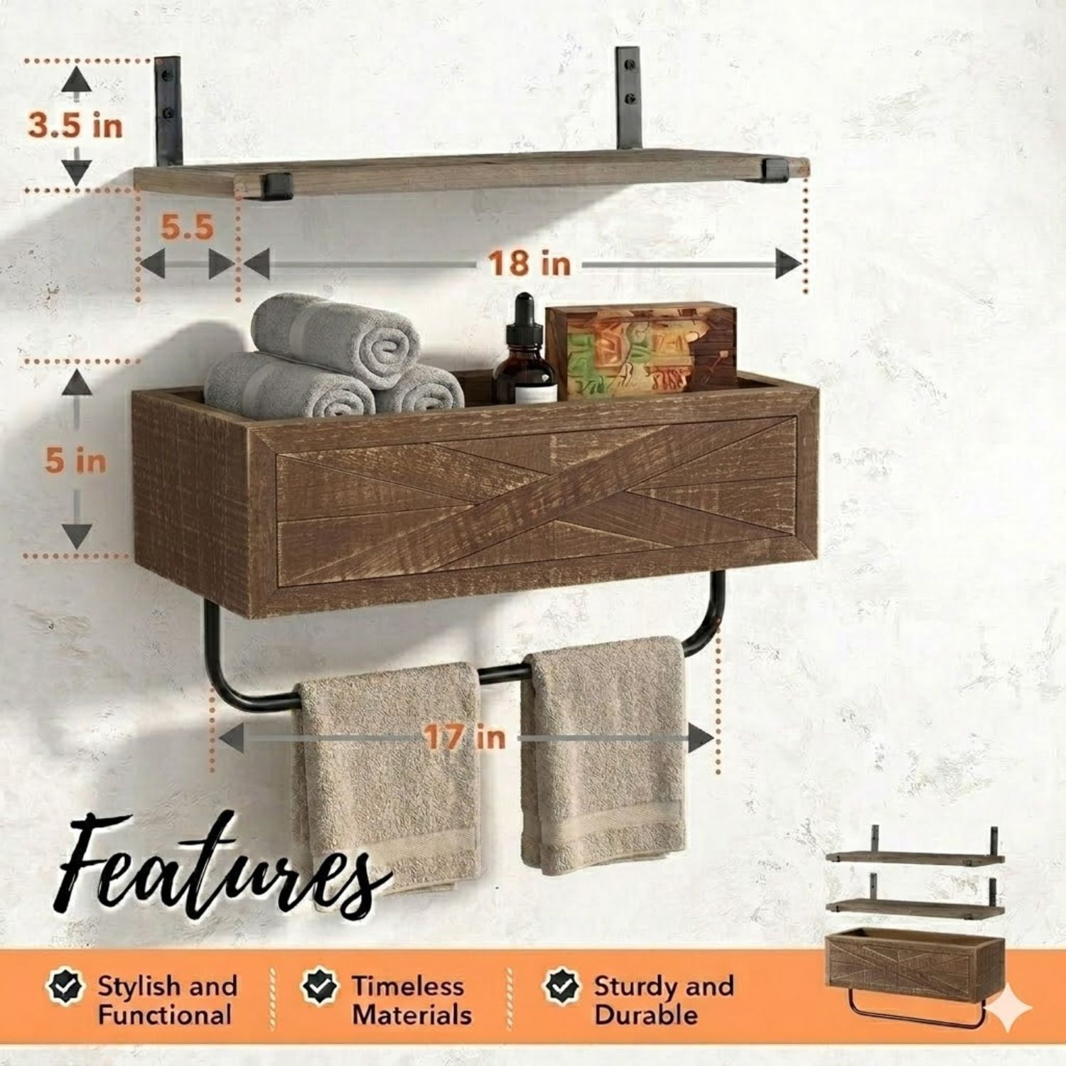 Autumn Alley Rustic Farmhouse Bathroom Shelves Wall Mounted – Industrial Floating Shelves for Bathroom With Towel Bar – Stunning Inlaid Wood Design, Above Toilet Shelves Rustic Towel Rack