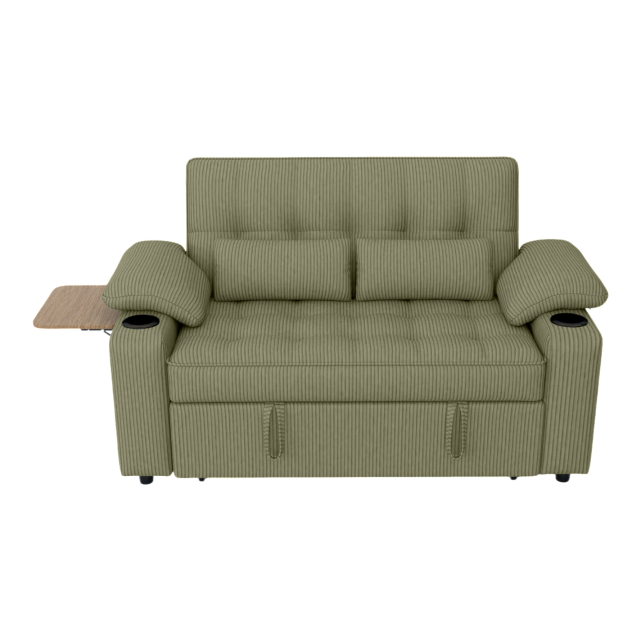 Vinform 3 in 1 Sleeper Sofa Bed, 58" Convertible Loveseat with Foldable Side Tray Table, USB Ports and Cup Holders for Apartments, Corduroy, Green