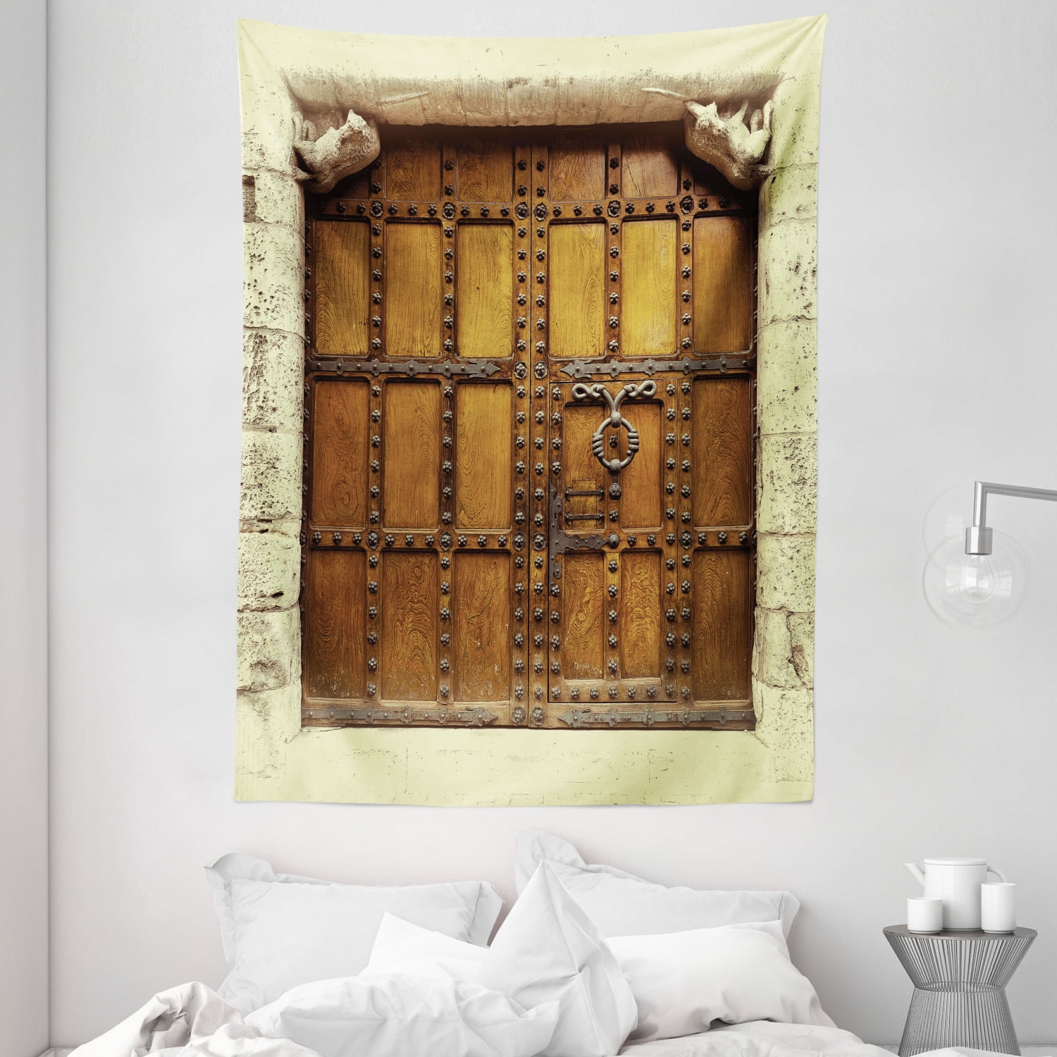 Retro Tapestry, Rustic Door Design Vintage Composition Architecture