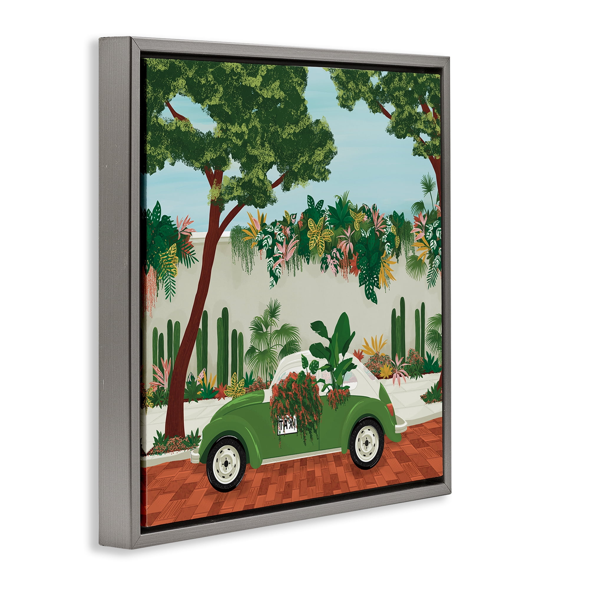 Stupell Industries Overgrown Garden Taxi Gray Framed Floater Canvas Wall Art, design by Vero Illustrates