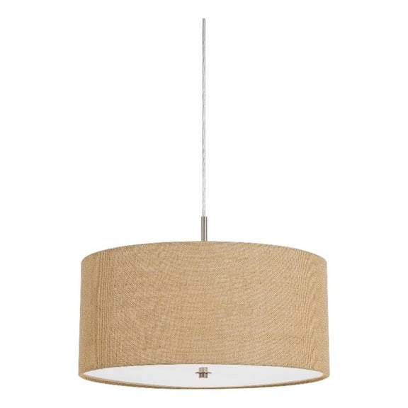 Benjara Metal Pendant Lighting with Fabric Circular Drum Shade and Cord- Beige