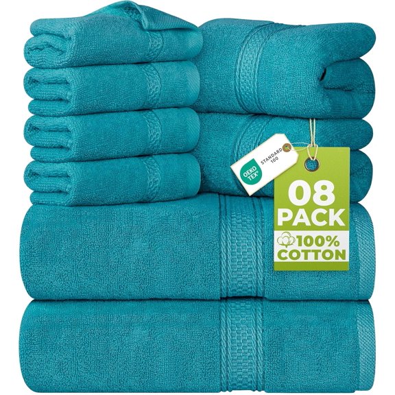 Utopia Towels 8 Piece Luxury Towel Set – Majestic Plush, Super Absorbent & Quicker-to-Dry, Thick 100% Ring Spun Cotton Towels for Bathroom, Spa & Hotel – 2 Bath, 2 Hand, 4 Washcloths, Teal