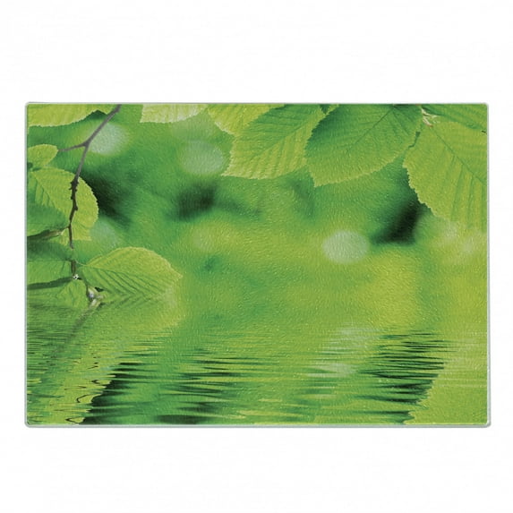 Leaves Cutting Board, Leaves in Water Spa Open Your with Nature Ecological Monochrome Photo, Decorative Tempered Glass Cutting and Serving Board, Small Size, Green, by Ambesonne