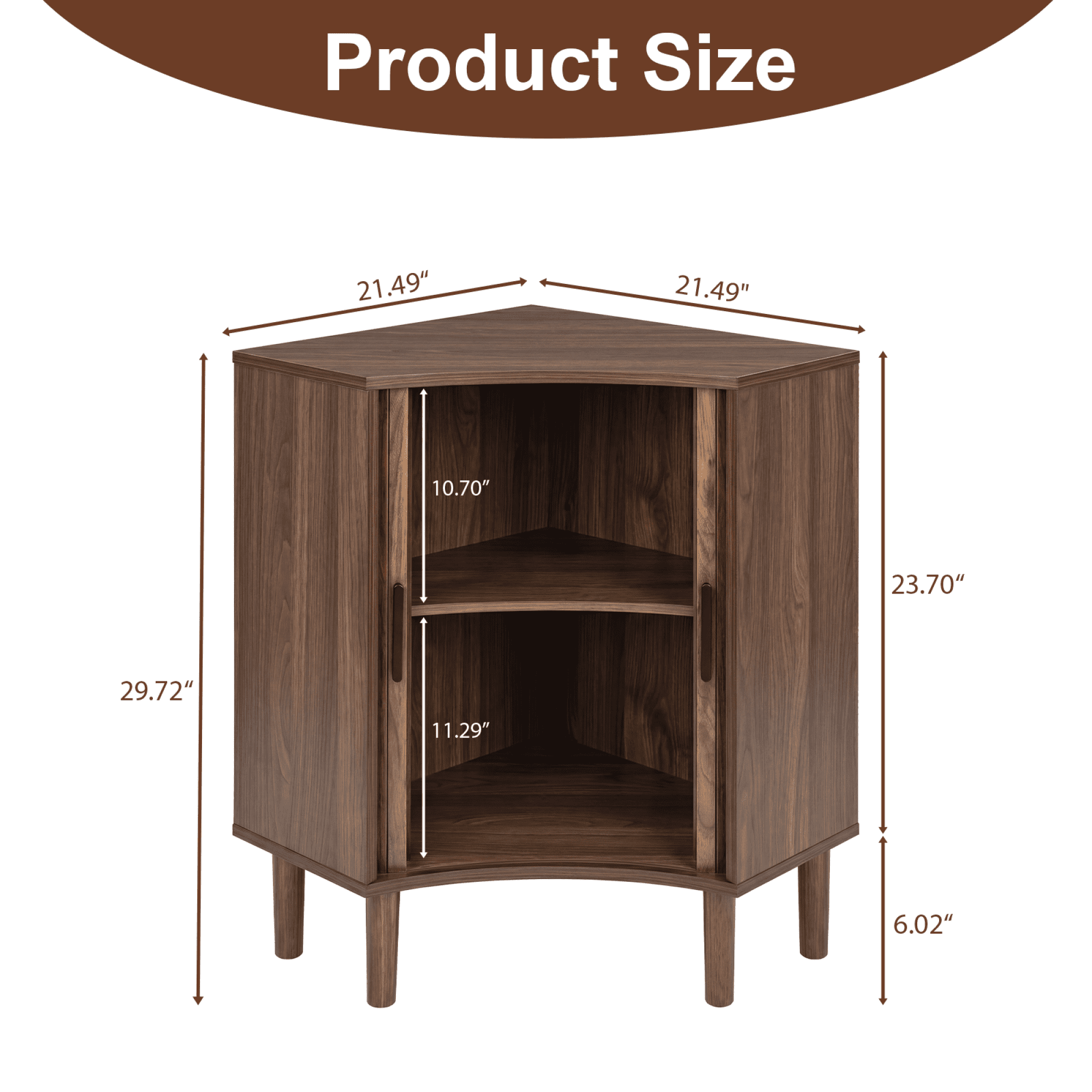 Leumius Fluted Corner Cabinet, Small Corner Floor Cabinet with Sliding Doors and Adjustable Shelves, Modern Wooden Freestanding Narrow Storage Cabinet for Living Room,Dining Room,Bathroom, Walnut