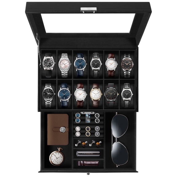Vowella 12-Slot 2-Layer Watch Box for Men with Drawer, PU Leather Watch Organizer with Glass Top & Removable Pillows for Secure Jewelry Storage, Black