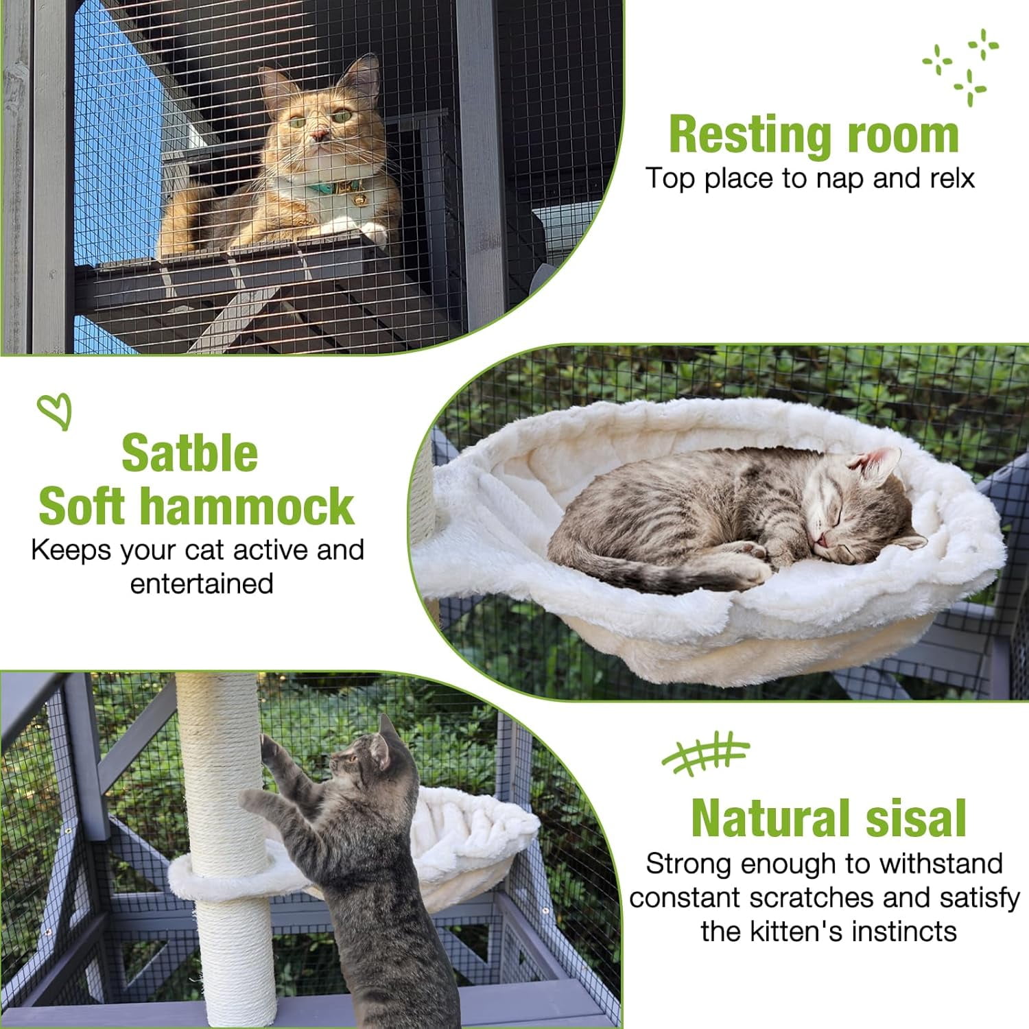 MEDEHOO Catio Outdoor Cat Enclosure Mobile Cat House Indoor On Wheels with Scratch Post, Hammock, Resting Box, Platform, Tarp Roof 62.8", Grey