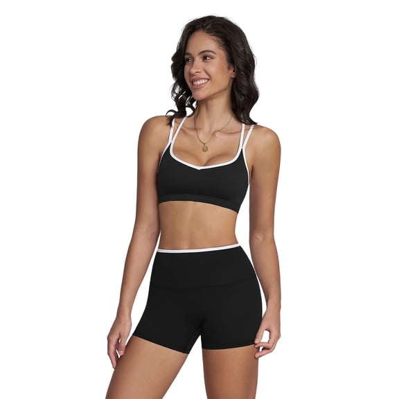 IBTOM CASTLE Workout Sets for Women 2 Piece Color Block Strappy Sports Bra High Waist Shorts Gym Yoga Pilates Outfits S Black