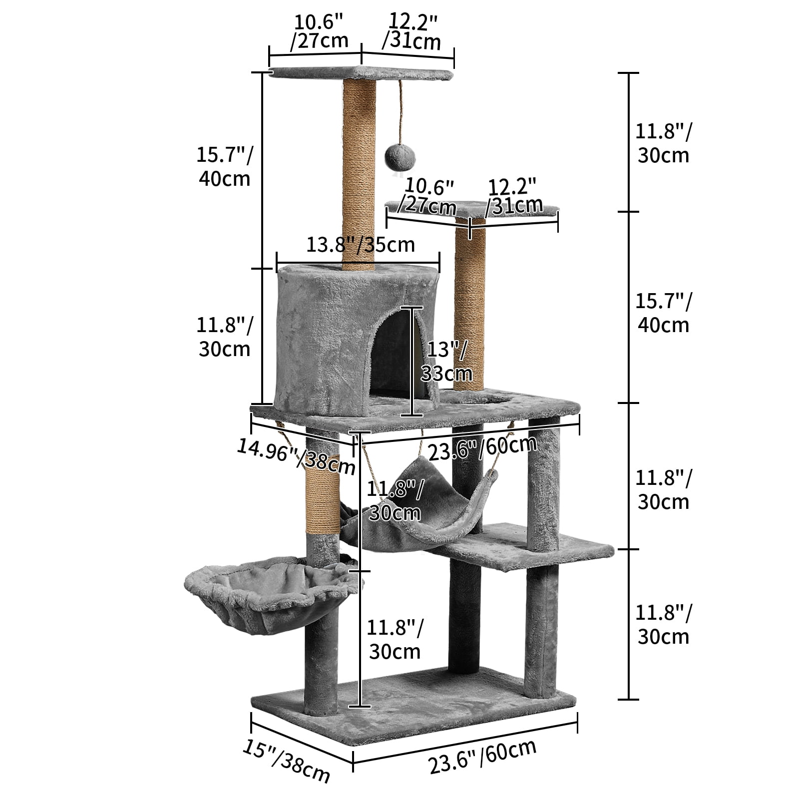 ZephyPaws 52in 5-Level Cat Tree Towers for Large Cat with Scratching Post,Condo,2 Perches,Gray